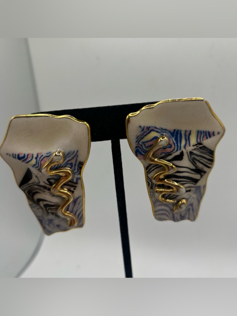 Vintage 1980’s Artisan Modernist Porcelain Ceramic Abstract Stud Earrings